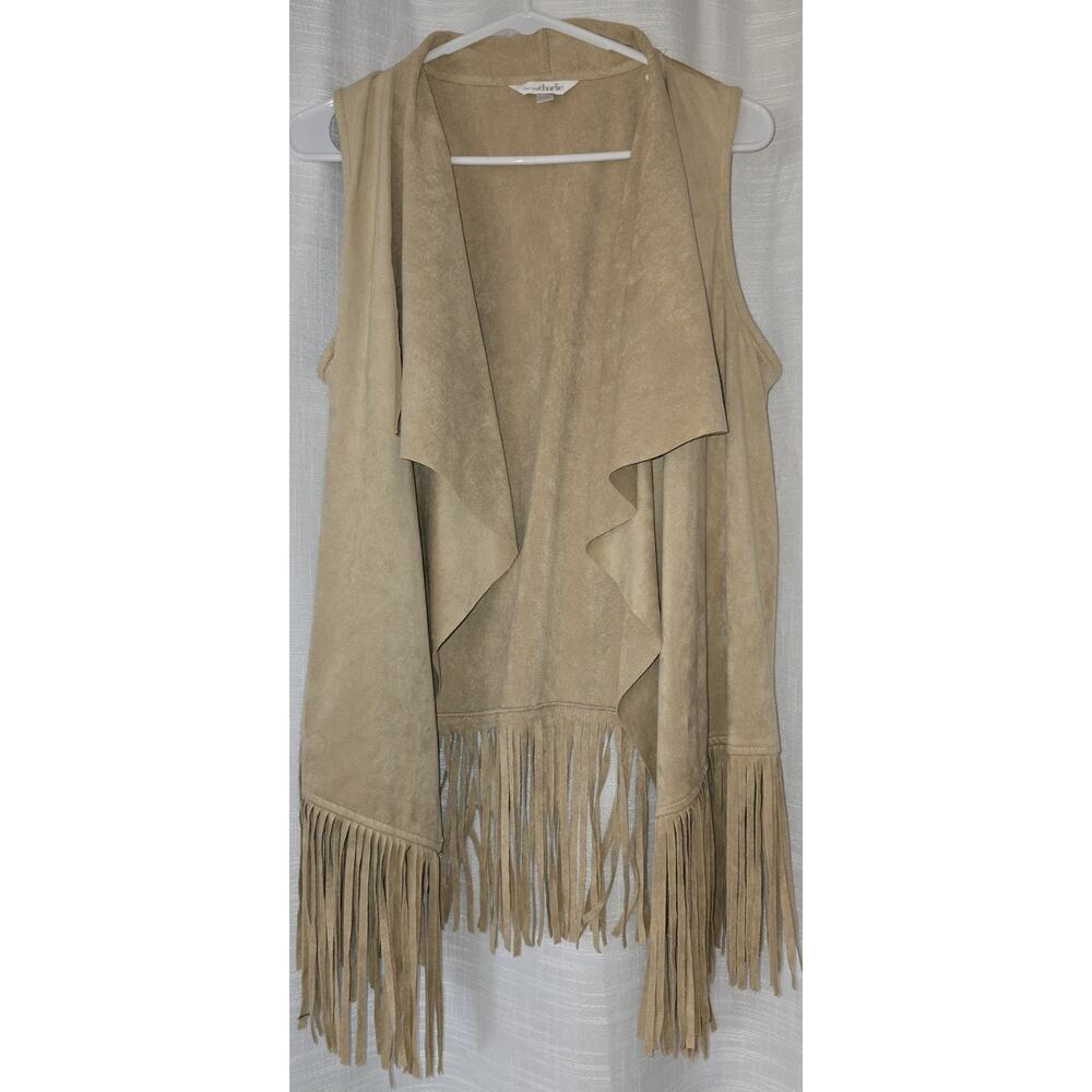 Charming Charlie Suede Fringe Sleeveless Vest in Tan